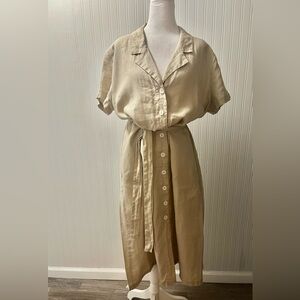 Quince Beige Linen Midi Dress with Buttons